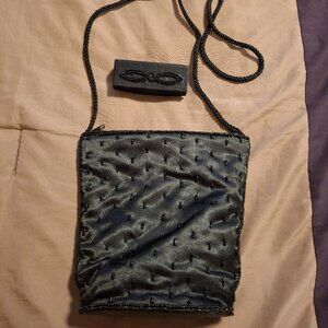 Vintage beaded black satin evening bag with matching lipstick holder EUC